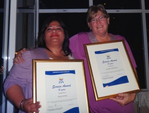 Two of the PA's in the DA-office in Bhisho have clocked up ten years of service each. Left is Tessa Botha, PA to the Chief Whip and right is Annette Rademeyer, PA to the Leader in the Legislature. They were awarded certificates at a function in East London on Wednesday, 31 August